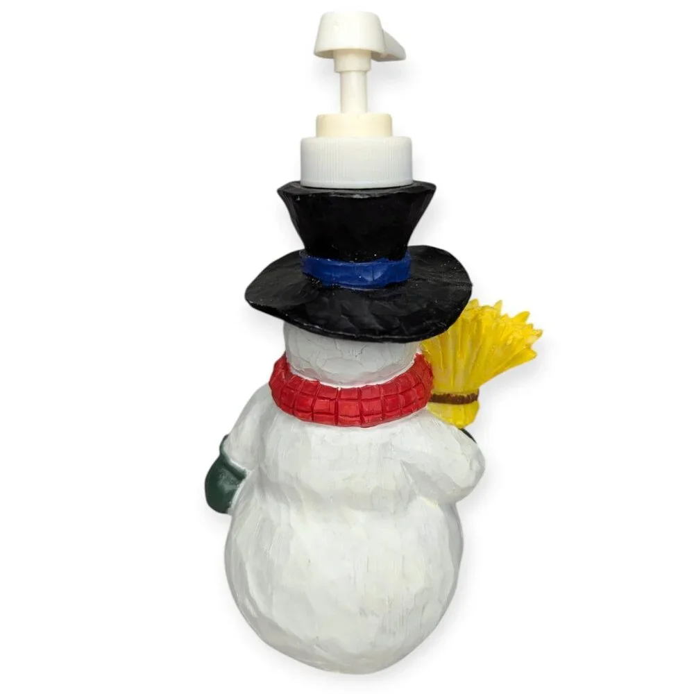 Snowman Soap Dispenser with Top Hat and Broom - Red Scarf